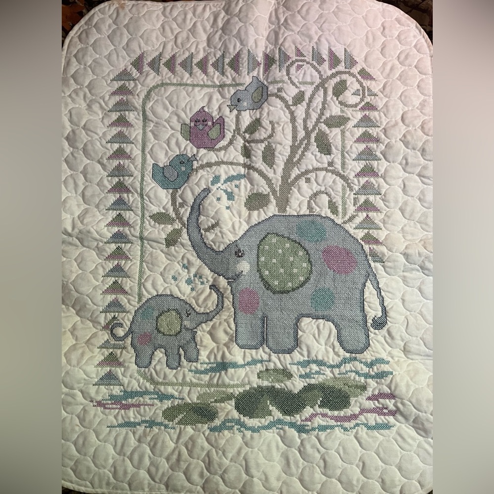 Completed Elephant Cross Stitch Baby Quilt
